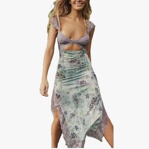 Hoxijia  Bohemian Pink Lace Floral Satin Dress Cutout Backless Great Condition